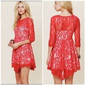 FREE PEOPLE Red Mesh Floral Lace Overlay Dress Size 2